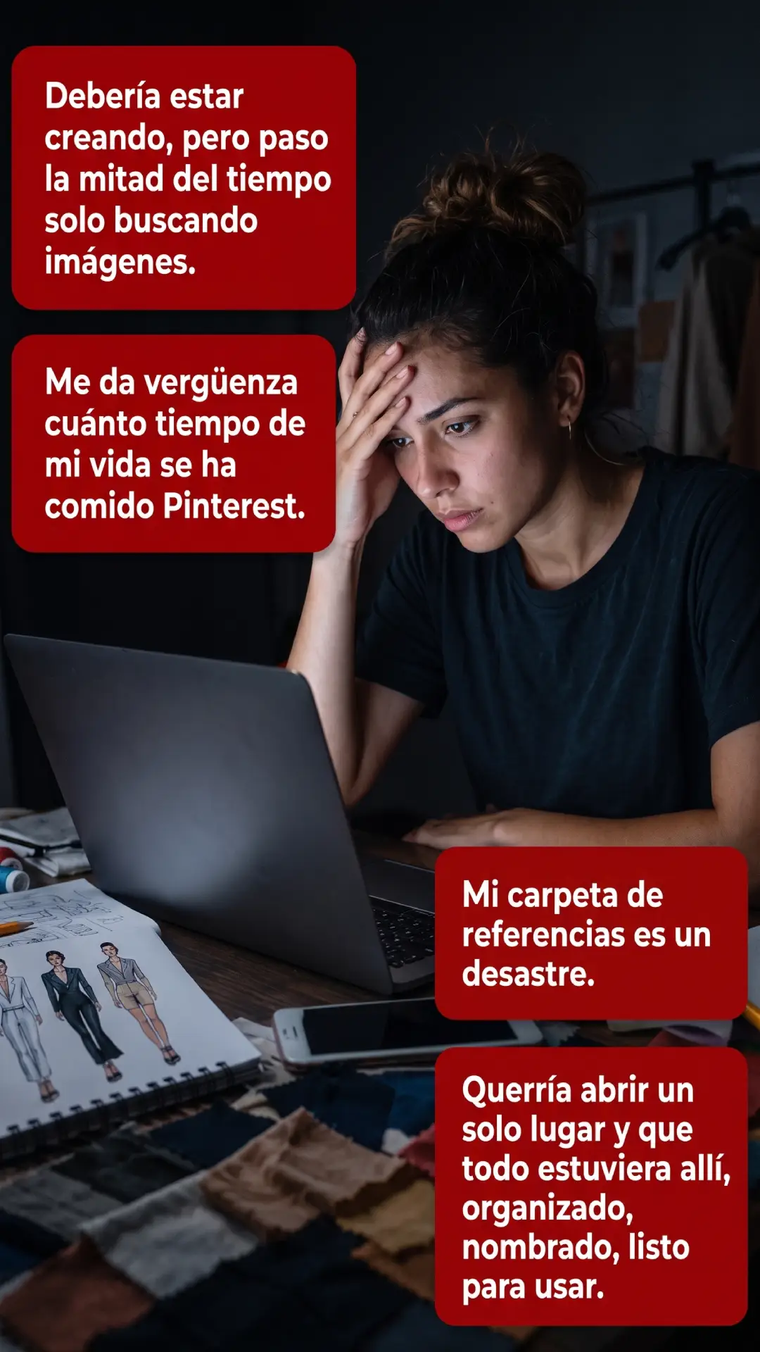 Persona frustrada frente a la laptop de madrugada, rodeada de pensamientos sobre el tiempo perdido buscando referencias