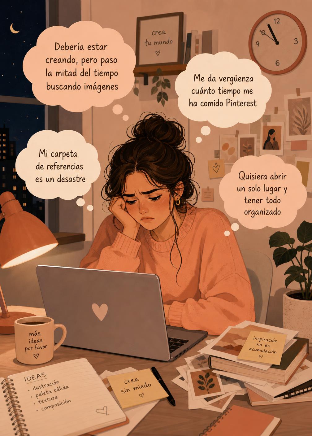 Persona frustrada frente a la laptop de madrugada, rodeada de pensamientos sobre el tiempo perdido buscando referencias
